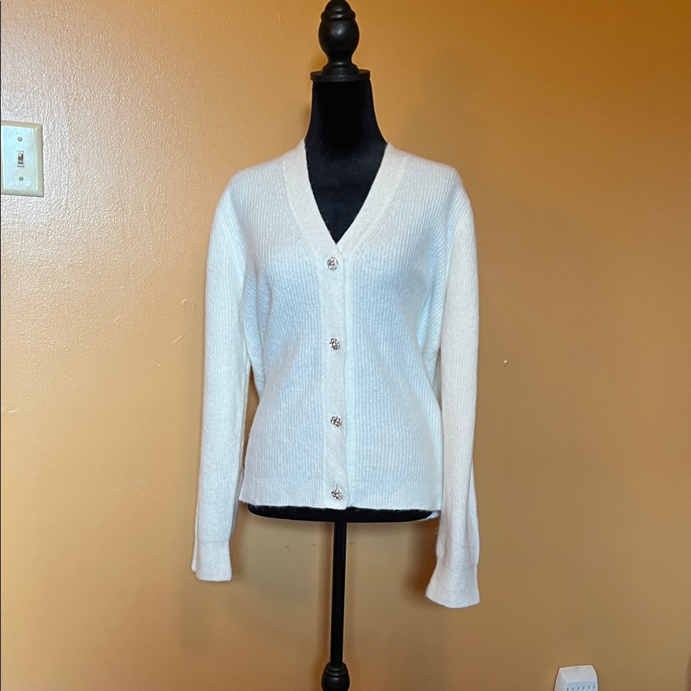 LOFT Cream V-Neck Button Front Cardigan